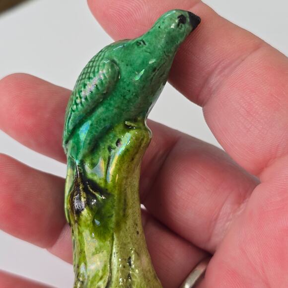 Chinese Miniature Glazed Mud Bird Parrot Green Vintage 3" - Picture 5 of 11